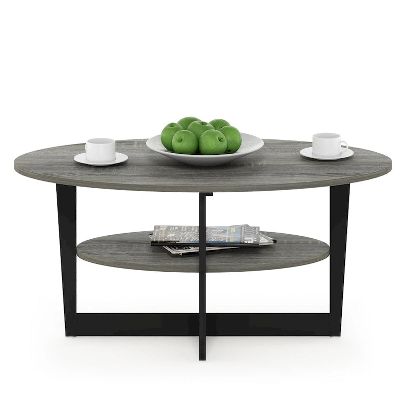 Table basse ovale avec étagère inférieure, pieds en métal noir, finition bois de noyer