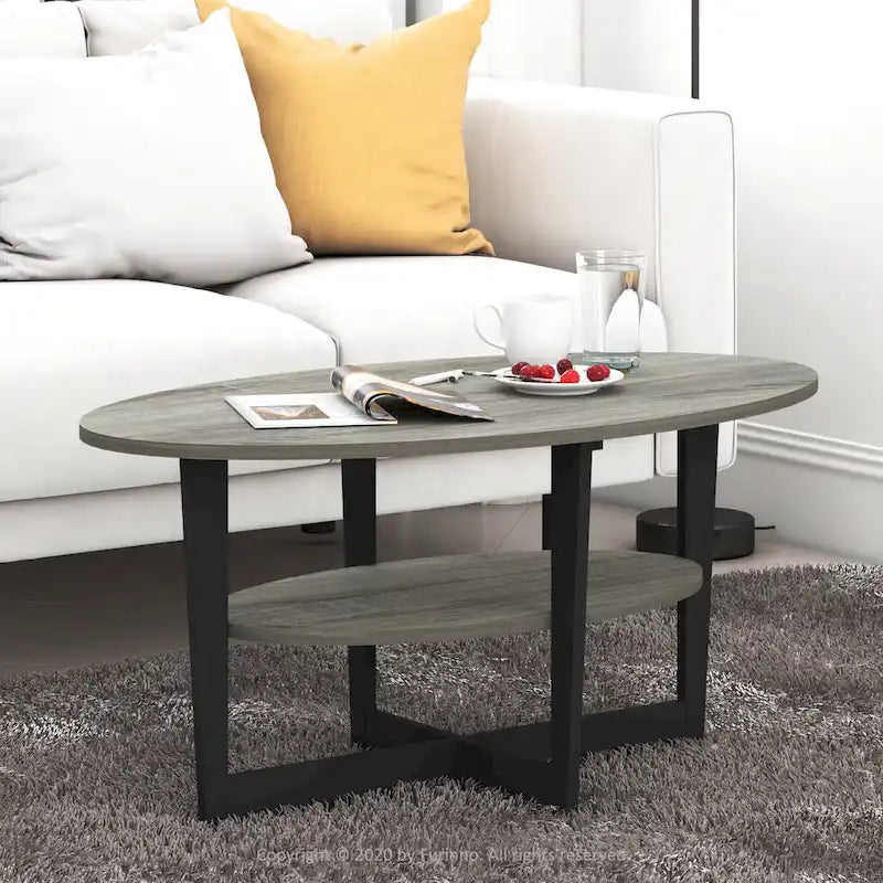 Table basse ovale avec étagère inférieure, pieds en métal noir, finition bois de noyer