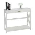 Console de rangement blanche avec tiroir, étagères ouvertes, cadre en X et poignée vintage