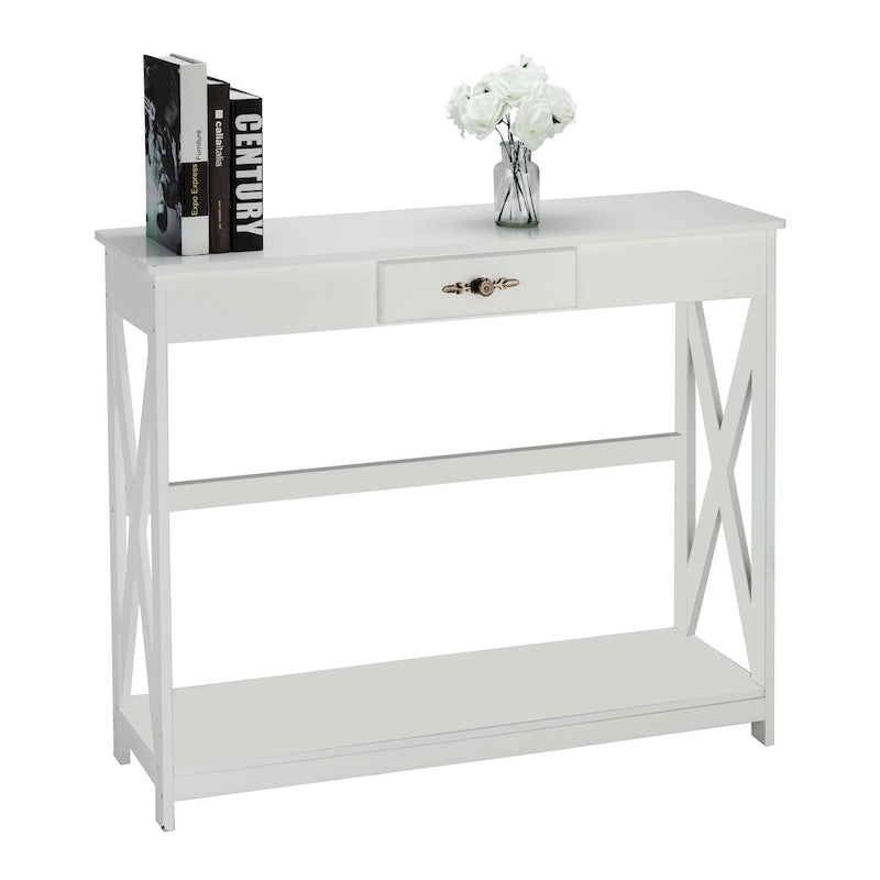 Console de rangement blanche avec tiroir, étagères ouvertes, cadre en X et poignée vintage