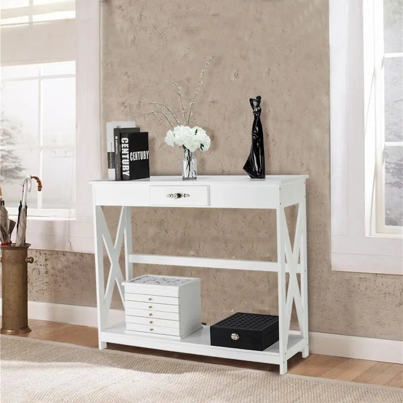 Console de rangement blanche avec tiroir, étagères ouvertes, cadre en X et poignée vintage
