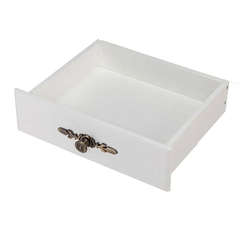 Console de rangement blanche avec tiroir, étagères ouvertes, cadre en X et poignée vintage