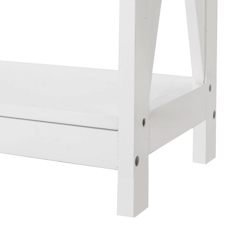 Console de rangement blanche avec tiroir, étagères ouvertes, cadre en X et poignée vintage