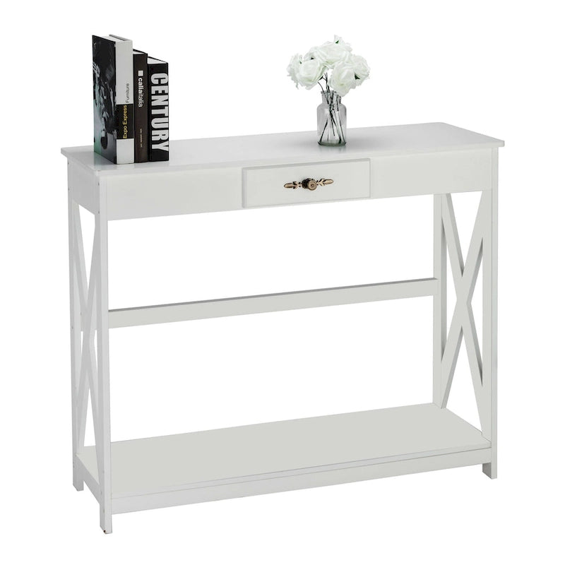 Console de rangement blanche avec tiroir, étagères ouvertes, cadre en X et poignée vintage
