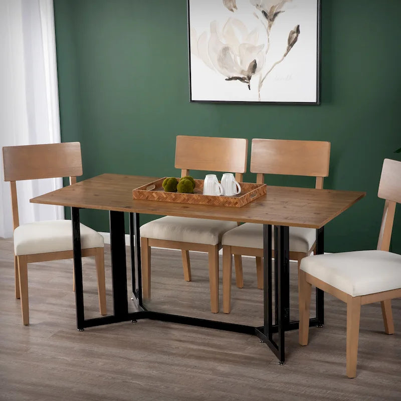 Table à manger escamotable en chêne patiné avec pieds en métal noir