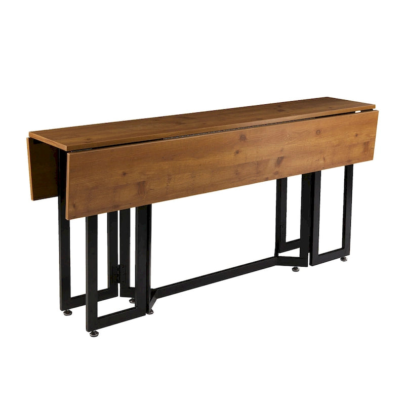 Table à manger escamotable en chêne patiné avec pieds en métal noir