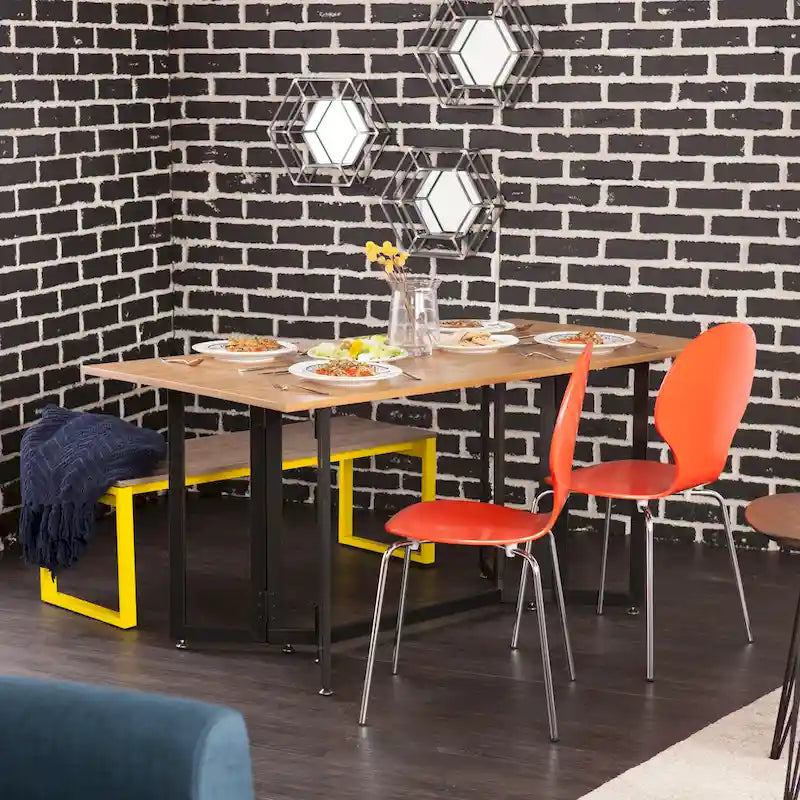 Table à manger escamotable en chêne patiné avec pieds en métal noir