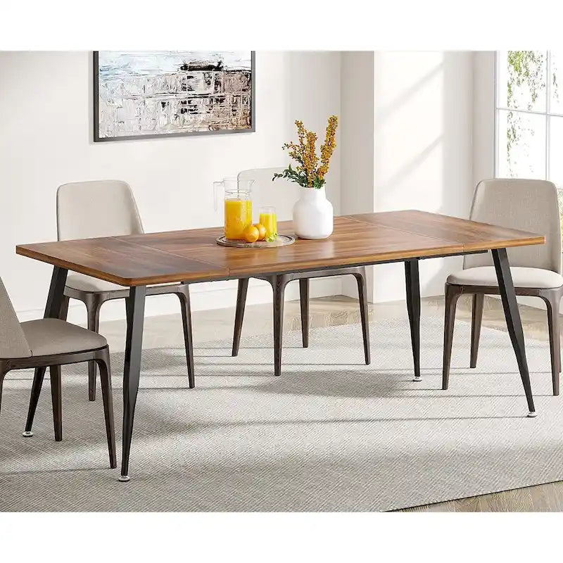 Table à manger rectangulaire en bois brun Pieds en métal noir Grande Capacité 6 à 8 personnes