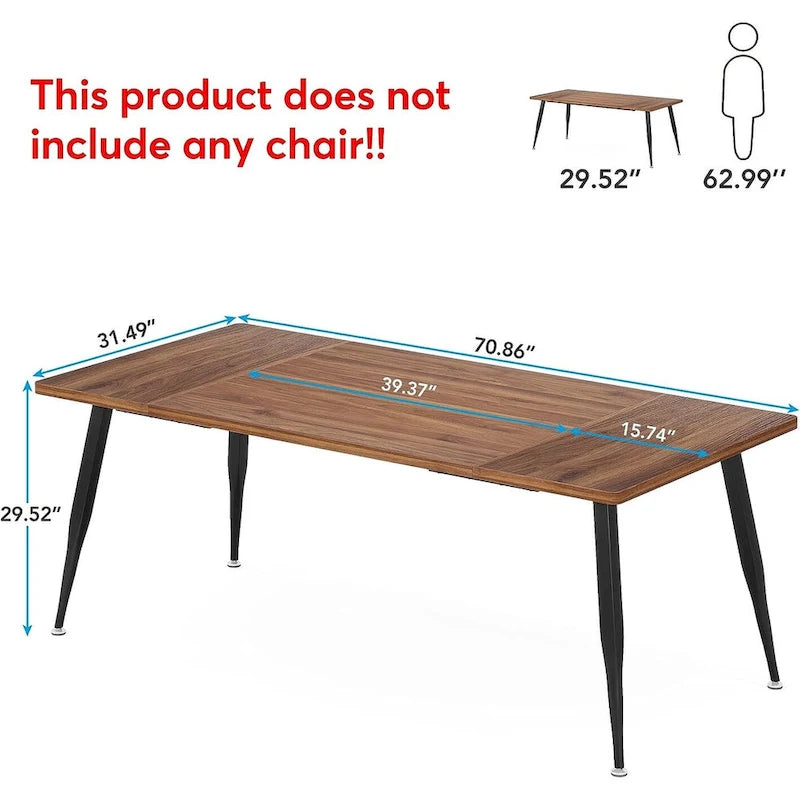 Table à manger rectangulaire en bois brun Pieds en métal noir Grande Capacité 6 à 8 personnes