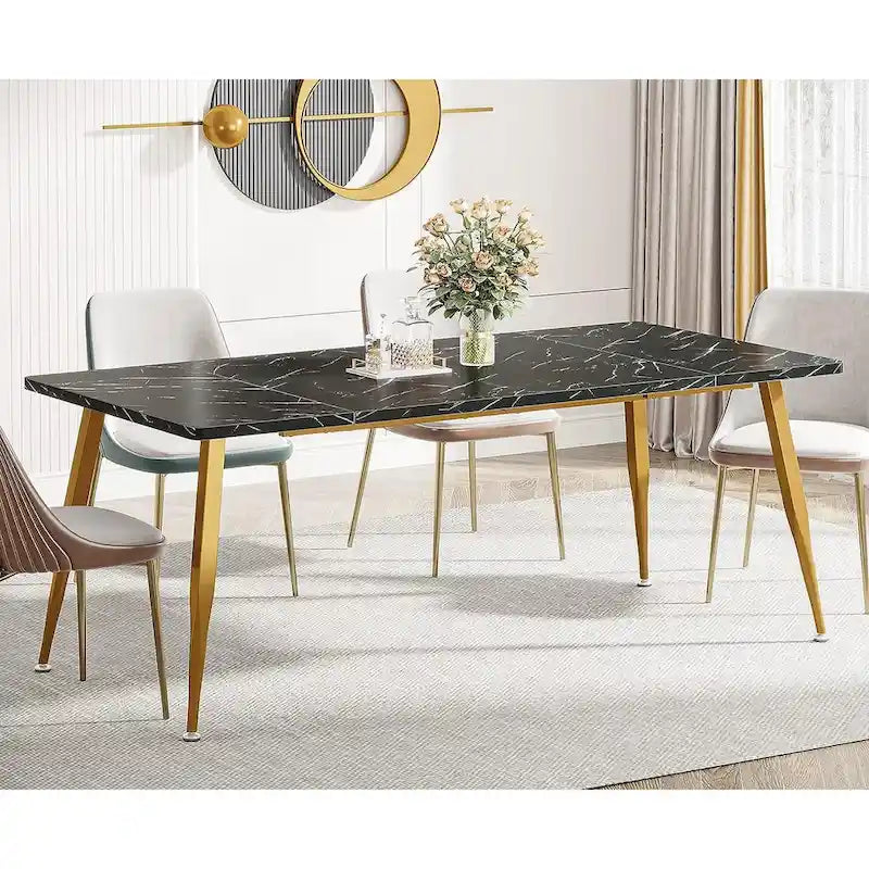Table à manger rectangulaire en bois brun Pieds en métal noir Grande Capacité 6 à 8 personnes