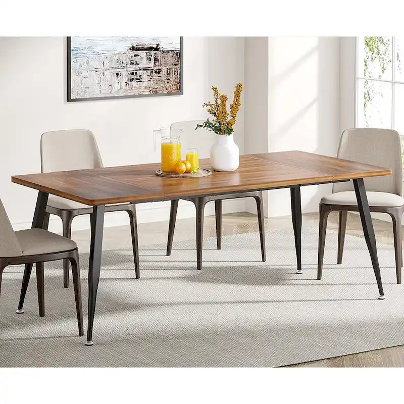 Table à manger rectangulaire en bois brun Pieds en métal noir Grande Capacité 6 à 8 personnes