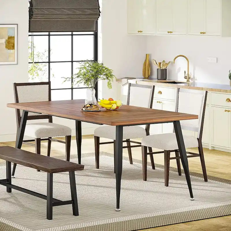 Table à manger rectangulaire en bois brun Pieds en métal noir Grande Capacité 6 à 8 personnes
