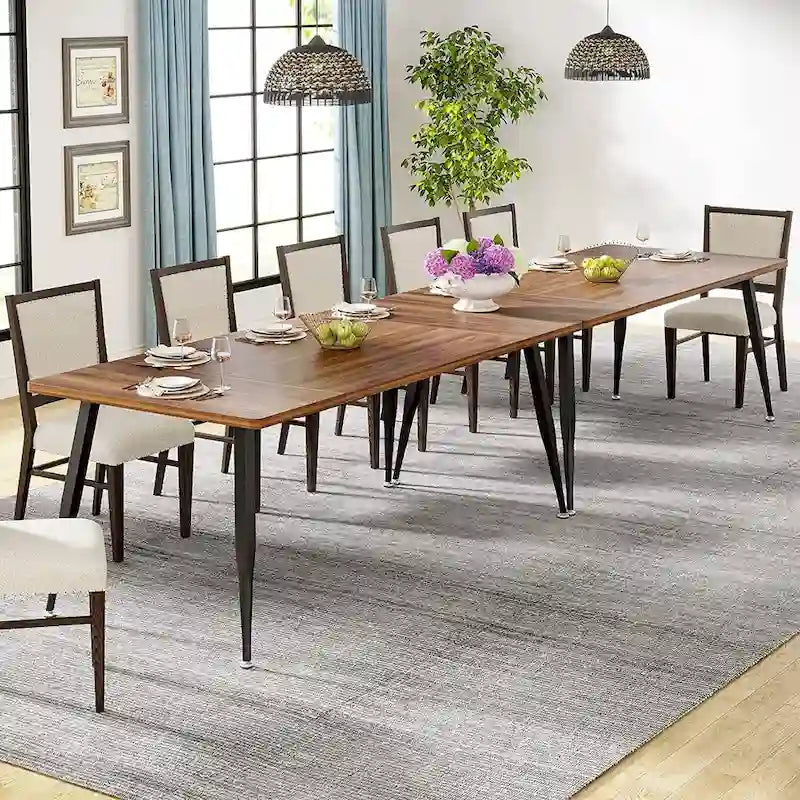 Table à manger rectangulaire en bois brun Pieds en métal noir Grande Capacité 6 à 8 personnes