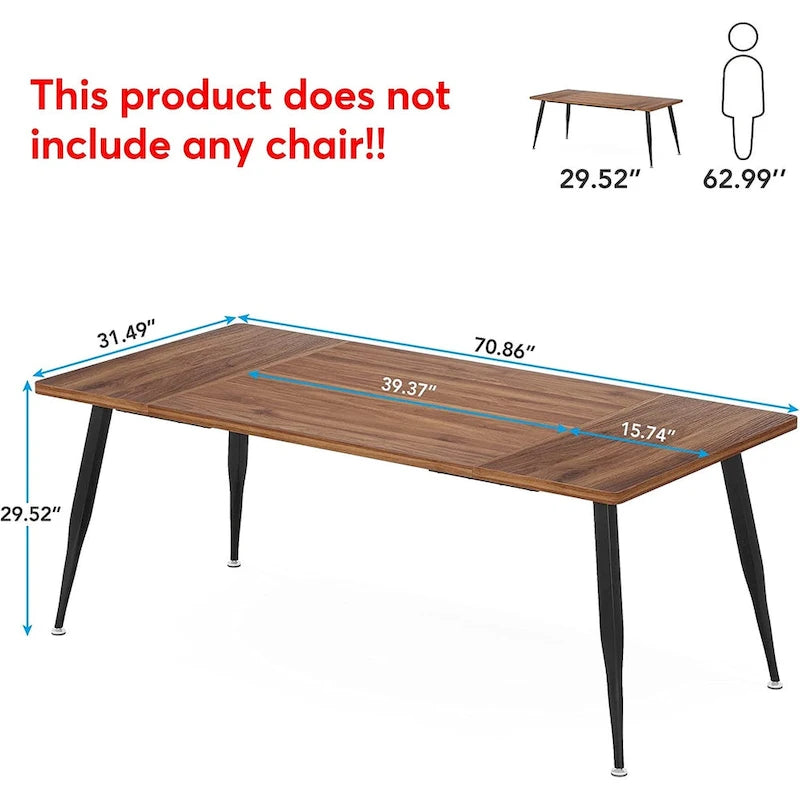Table à manger rectangulaire en bois brun Pieds en métal noir Grande Capacité 6 à 8 personnes