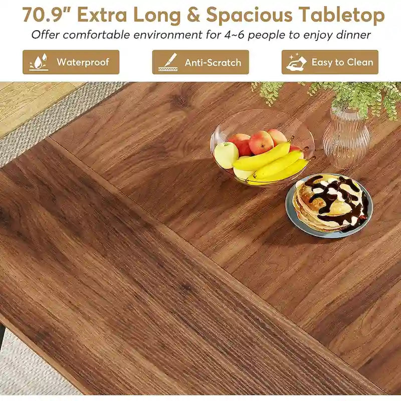 Table à manger rectangulaire en bois brun Pieds en métal noir Grande Capacité 6 à 8 personnes