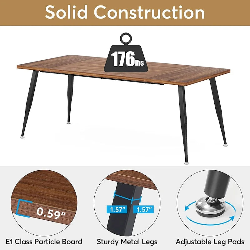 Table à manger rectangulaire en bois brun Pieds en métal noir Grande Capacité 6 à 8 personnes