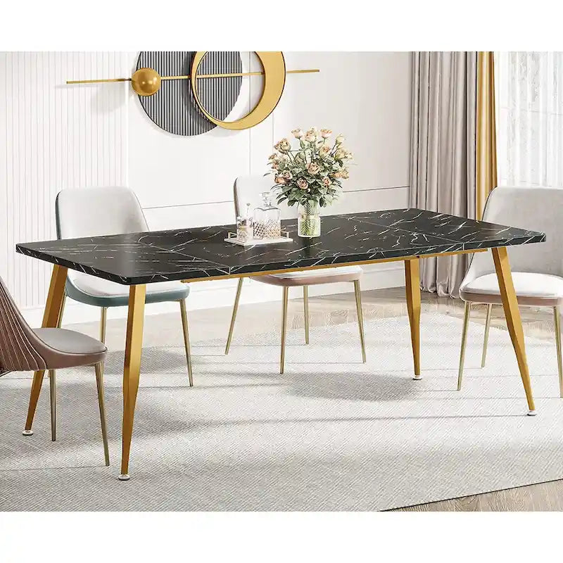 Table à manger rectangulaire en bois brun Pieds en métal noir Grande Capacité 6 à 8 personnes