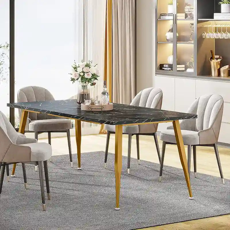 Table à manger rectangulaire en bois brun Pieds en métal noir Grande Capacité 6 à 8 personnes