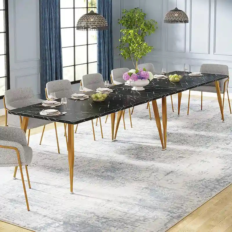 Table à manger rectangulaire en bois brun Pieds en métal noir Grande Capacité 6 à 8 personnes