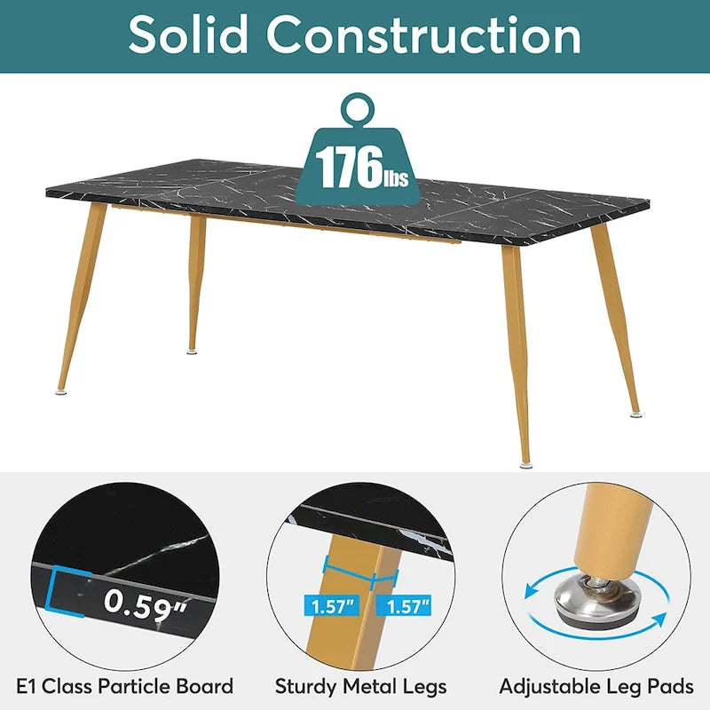 Table à manger rectangulaire en bois brun Pieds en métal noir Grande Capacité 6 à 8 personnes