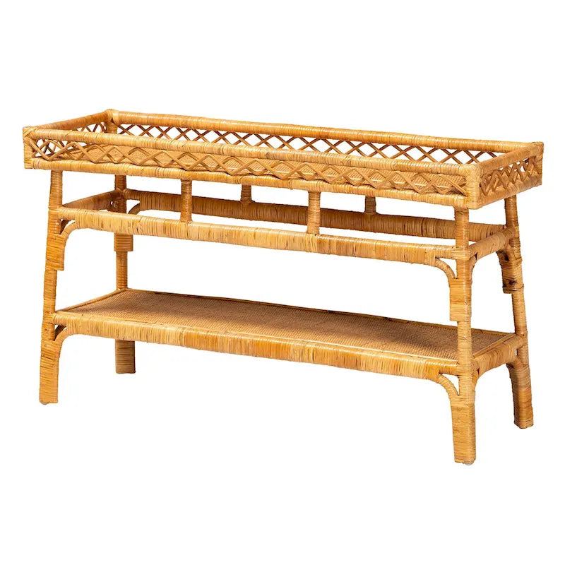 Console en rotin naturel bohème avec étagère ouverte miel