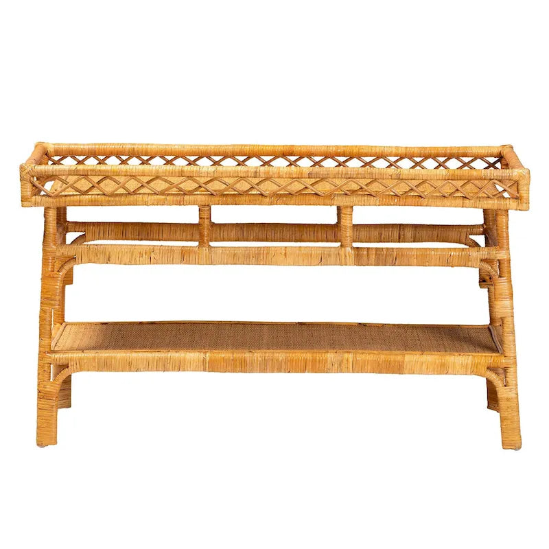 Console en rotin naturel bohème avec étagère ouverte miel