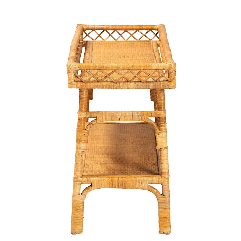 Console en rotin naturel bohème avec étagère ouverte miel