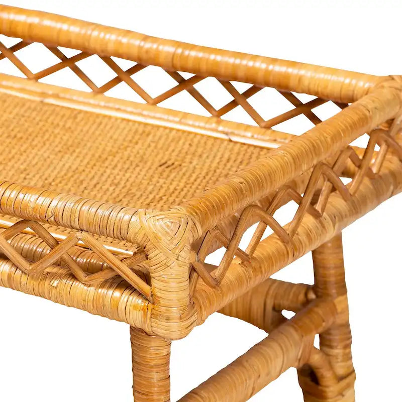 Console en rotin naturel bohème avec étagère ouverte miel