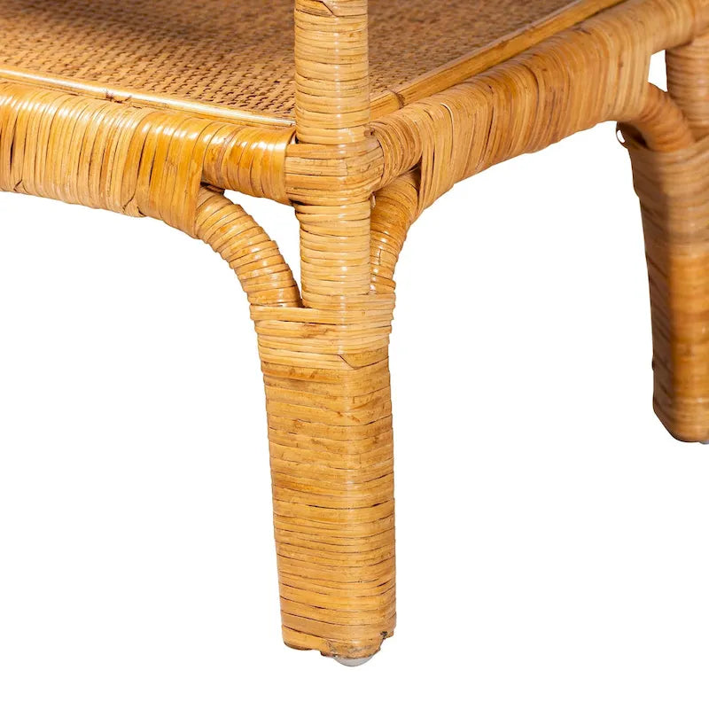 Console en rotin naturel bohème avec étagère ouverte miel