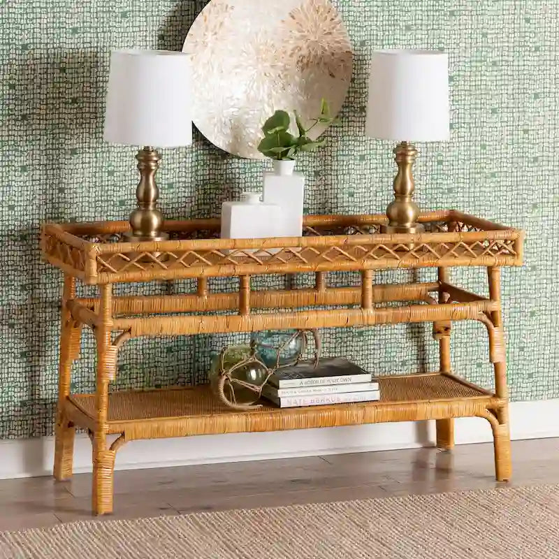 Console en rotin naturel bohème avec étagère ouverte miel