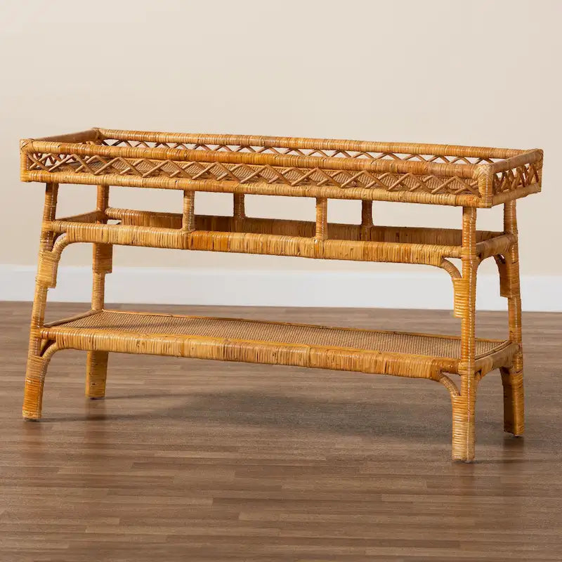 Console en rotin naturel bohème avec étagère ouverte miel