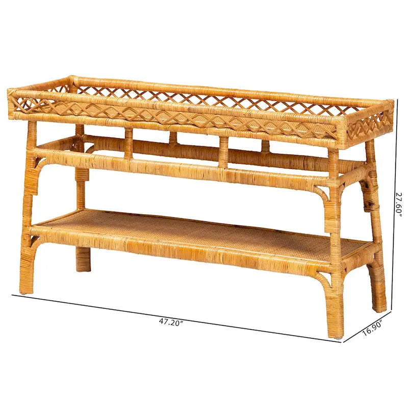Console en rotin naturel bohème avec étagère ouverte miel