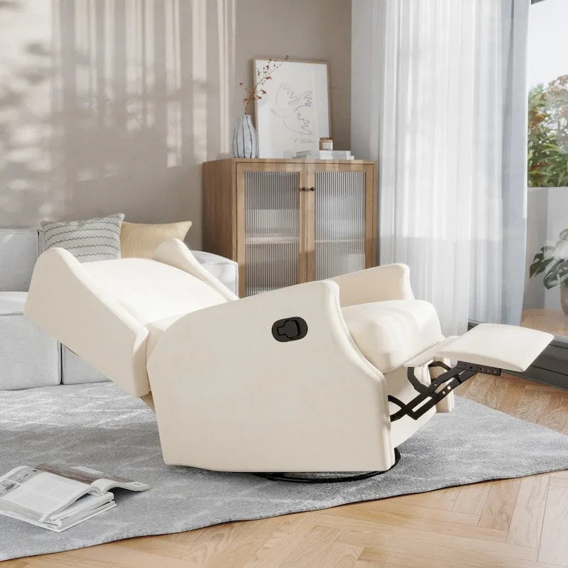 Fauteuil inclinable, pivotant, planant et à bascule manuel en tissu crème avec accoudoirs rembourrés