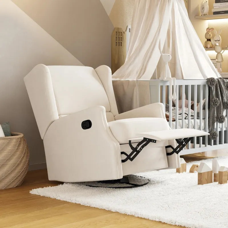 Fauteuil inclinable, pivotant, planant et à bascule manuel en tissu crème avec accoudoirs rembourrés