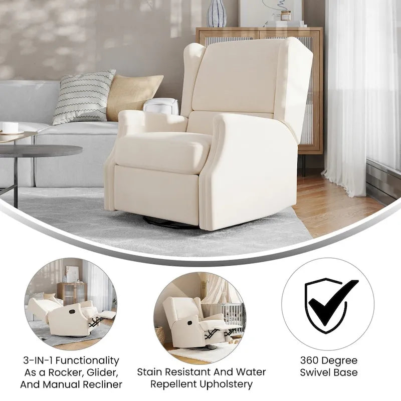 Fauteuil inclinable, pivotant, planant et à bascule manuel en tissu crème avec accoudoirs rembourrés