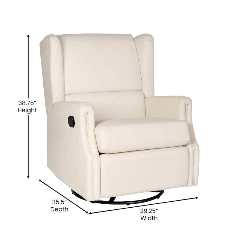 Fauteuil inclinable, pivotant, planant et à bascule manuel en tissu crème avec accoudoirs rembourrés