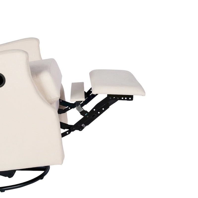 Fauteuil inclinable, pivotant, planant et à bascule manuel en tissu crème avec accoudoirs rembourrés