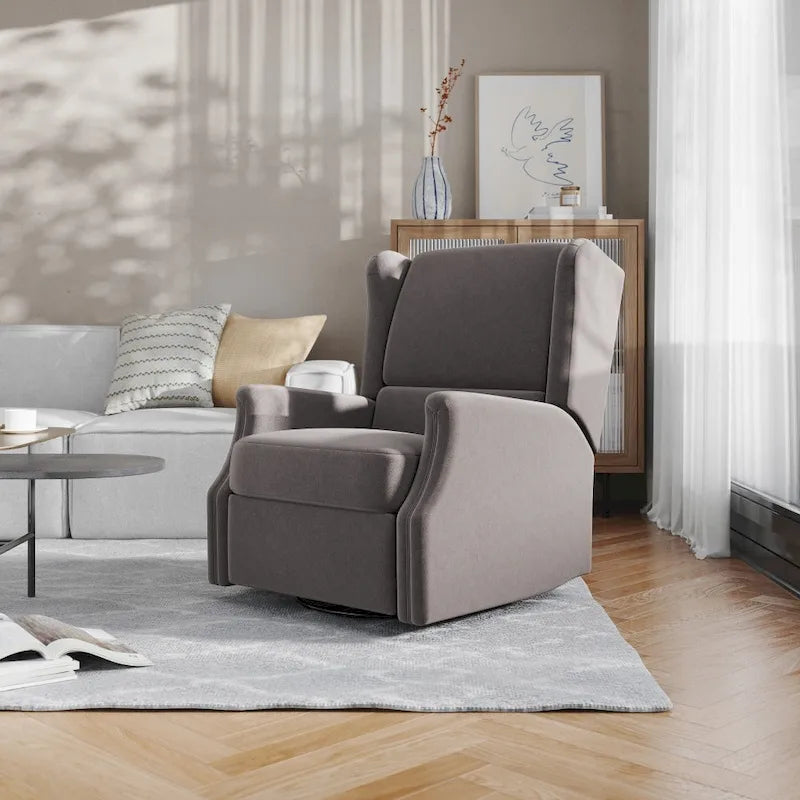 Fauteuil inclinable, pivotant, planant et à bascule manuel en tissu crème avec accoudoirs rembourrés