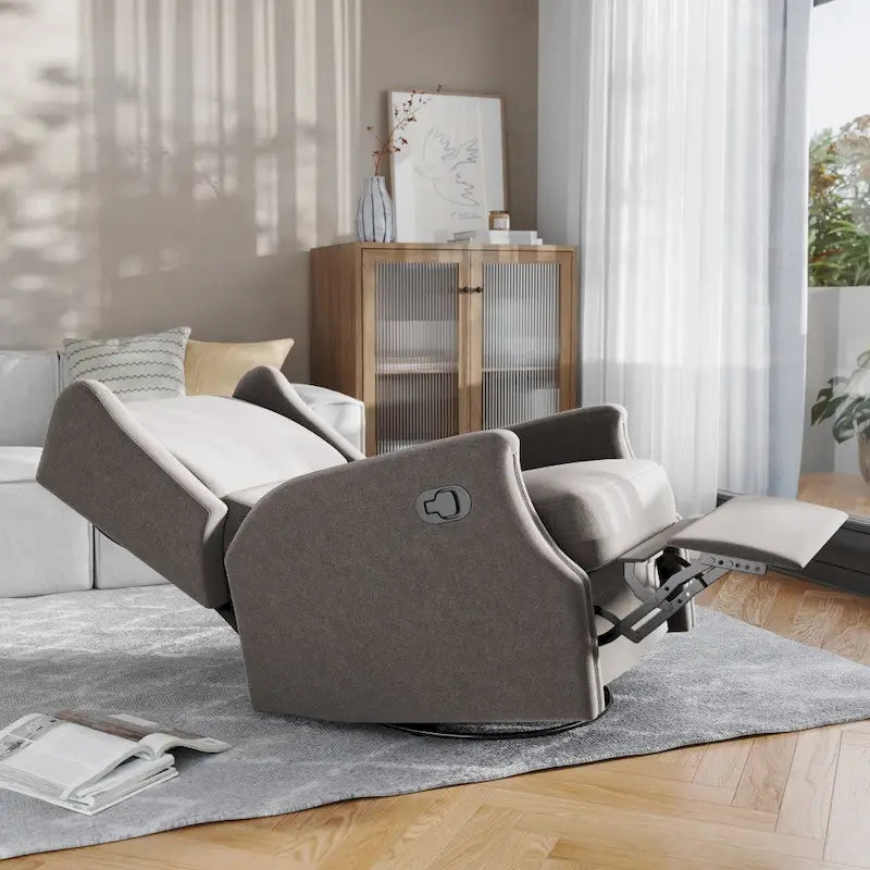 Fauteuil inclinable, pivotant, planant et à bascule manuel en tissu crème avec accoudoirs rembourrés