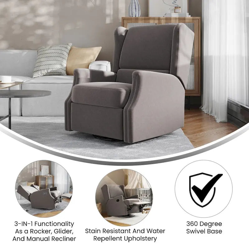 Fauteuil inclinable, pivotant, planant et à bascule manuel en tissu crème avec accoudoirs rembourrés