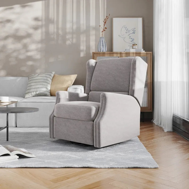 Fauteuil inclinable, pivotant, planant et à bascule manuel en tissu crème avec accoudoirs rembourrés