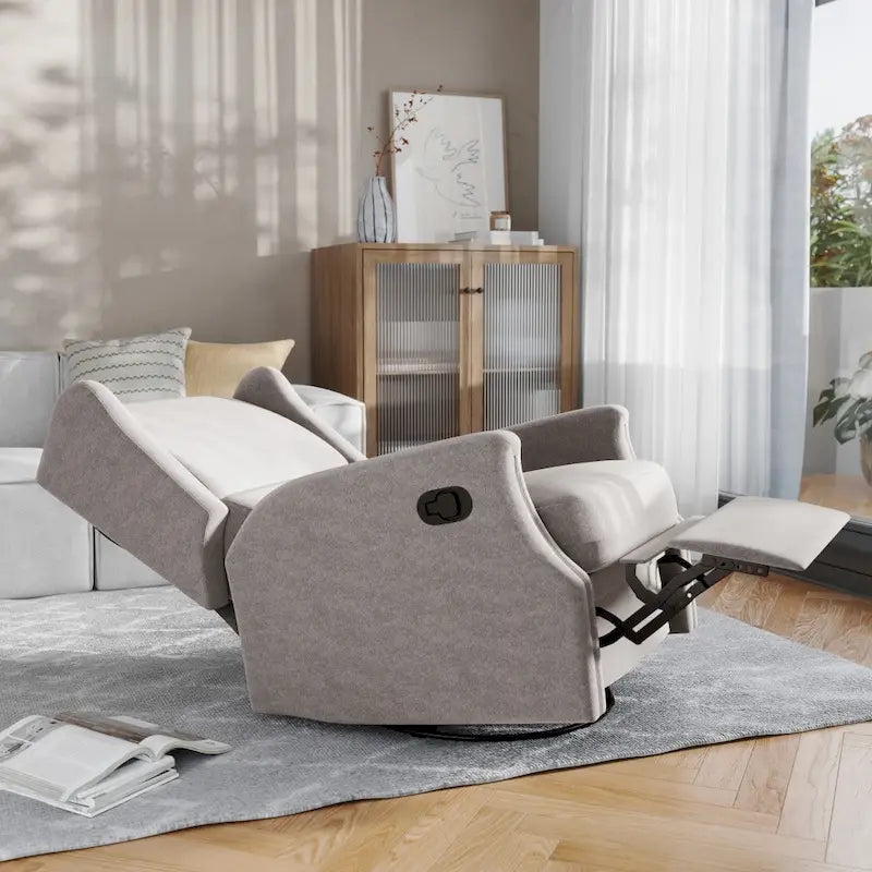 Fauteuil inclinable, pivotant, planant et à bascule manuel en tissu crème avec accoudoirs rembourrés