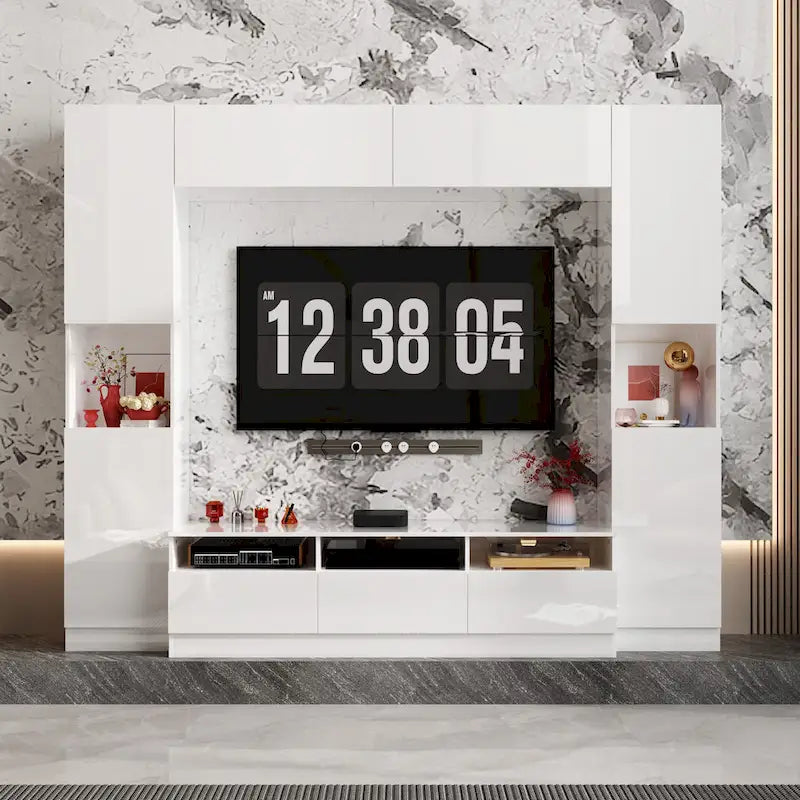 Meuble TV mural blanc ultra-brillant avec tiroirs de rangement