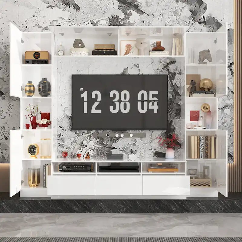 Meuble TV mural blanc ultra-brillant avec tiroirs de rangement