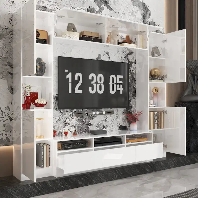 Meuble TV mural blanc ultra-brillant avec tiroirs de rangement