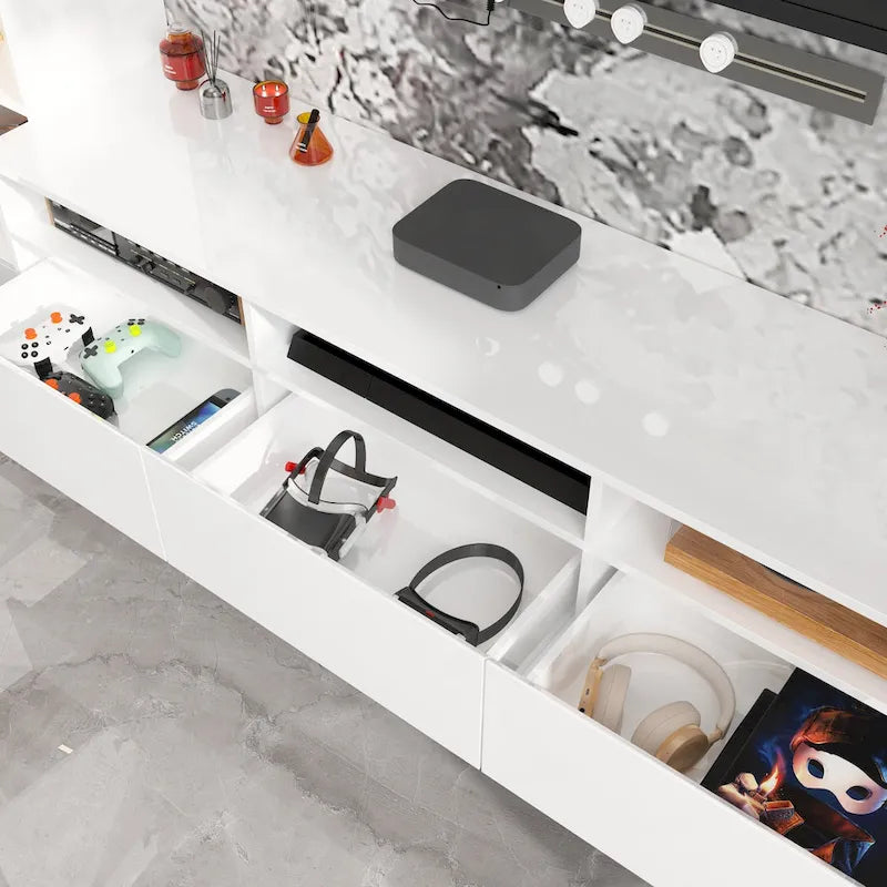 Meuble TV mural blanc ultra-brillant avec tiroirs de rangement