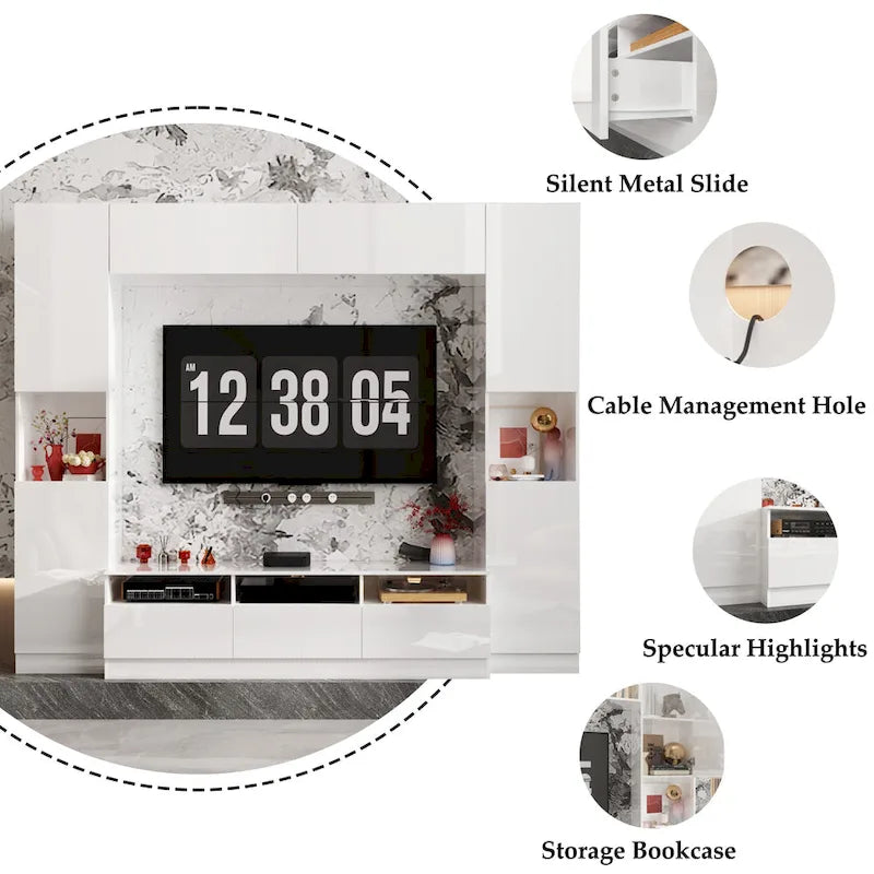 Meuble TV mural blanc ultra-brillant avec tiroirs de rangement