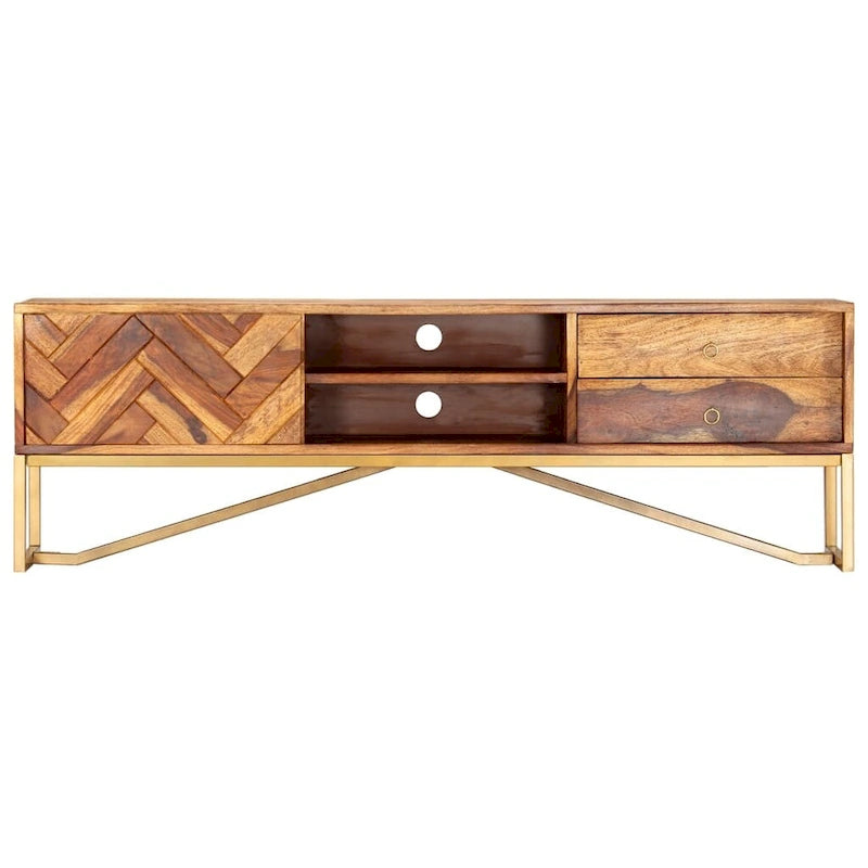 Meuble TV en bois de Sesham massif, pieds en fer doré, console multimédia