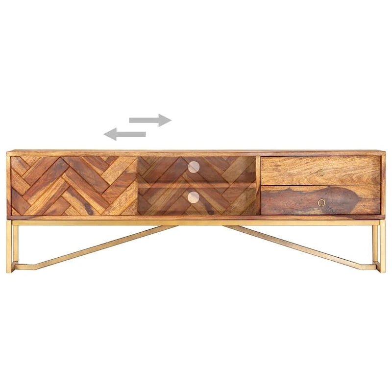 Meuble TV en bois de Sesham massif, pieds en fer doré, console multimédia