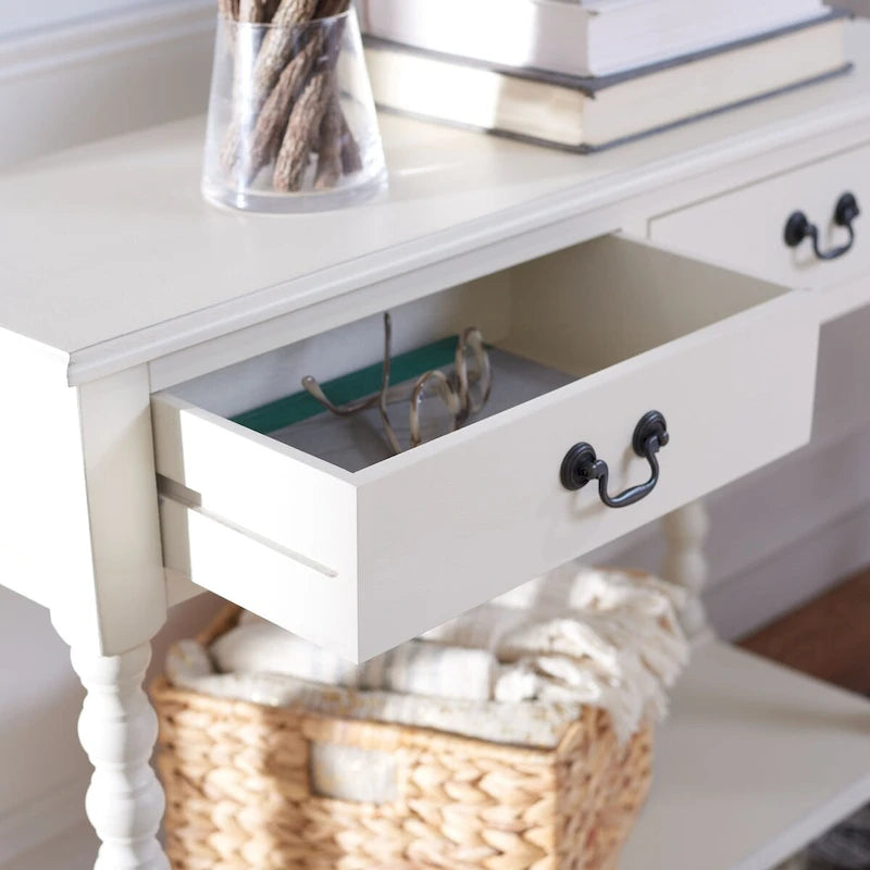Console de ferme à 2 tiroirs avec étagère ouverte et pieds tournés en boule